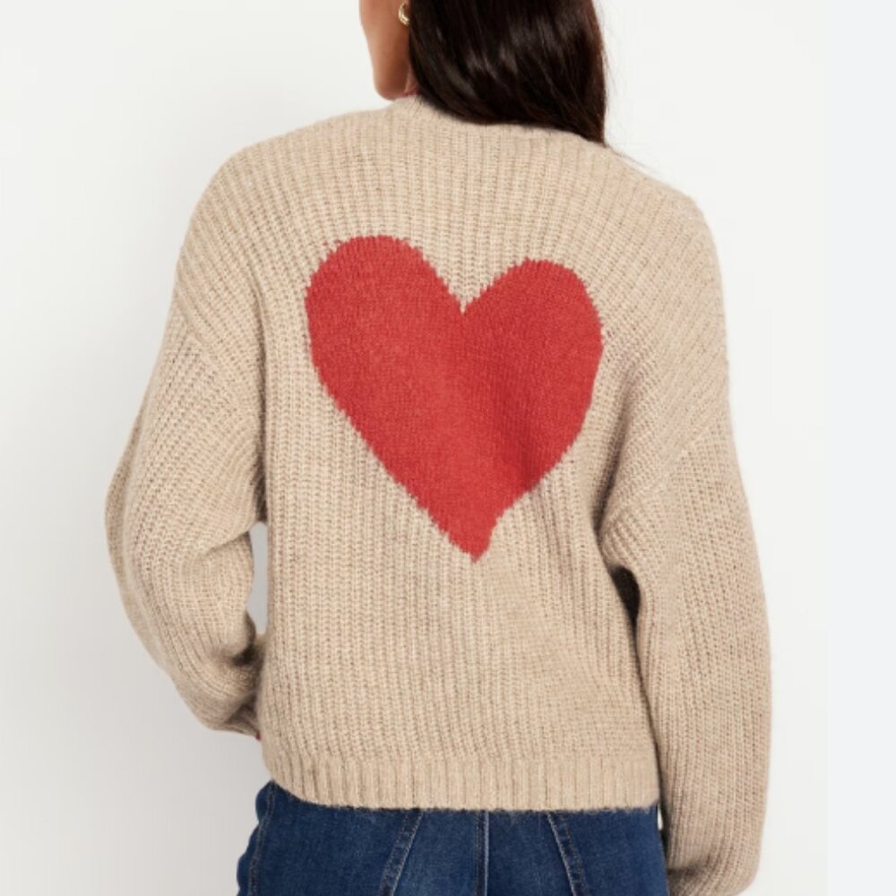 Old Navy Open-Front Cardigan Sweater Oatmeal Red Heart Back Graphic M NWT